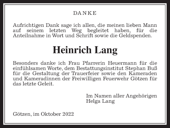 Traueranzeige von Heinrich Lang von Kreis-Anzeiger