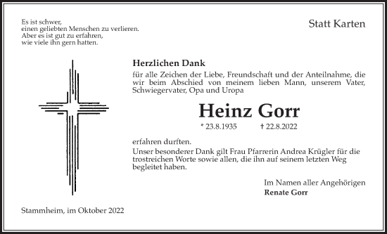 Traueranzeige von Heinz Gorr von Wetterauer Zeitung