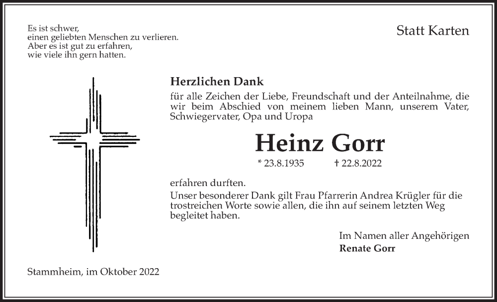 Traueranzeige für Heinz Gorr vom 01.10.2022 aus Wetterauer Zeitung