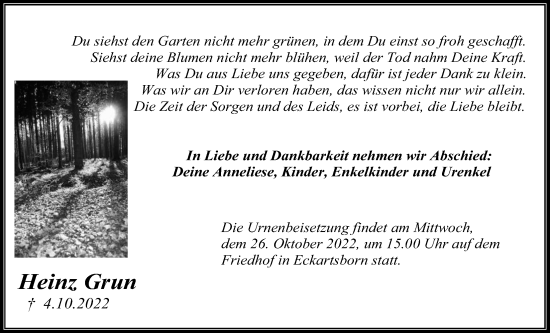 Traueranzeige von Heinz Grun von Kreis-Anzeiger