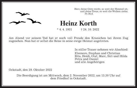 Traueranzeige von Heinz Korth von Wetterauer Zeitung