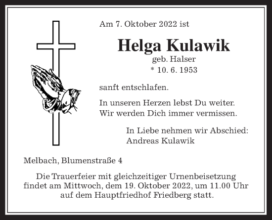 Traueranzeige von Helga Kulawik von Wetterauer Zeitung