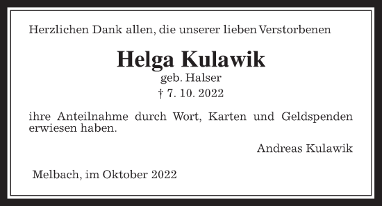 Traueranzeige von Helga Kulawik von Wetterauer Zeitung