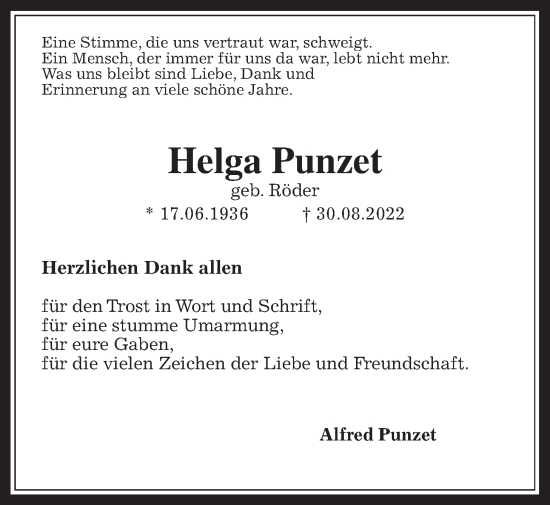 Traueranzeige von Helga Punzet von Wetterauer Zeitung