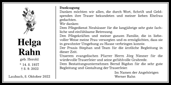 Traueranzeige von Helga Rahn von Giessener Anzeiger, Giessener Allgemeine, Alsfelder Allgemeine, Laubacher Anzeiger