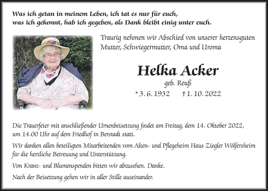 Traueranzeige von Helka Acker von Wetterauer Zeitung