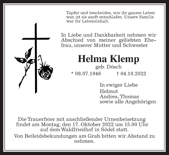 Traueranzeige von Helma Klemp von Wetterauer Zeitung