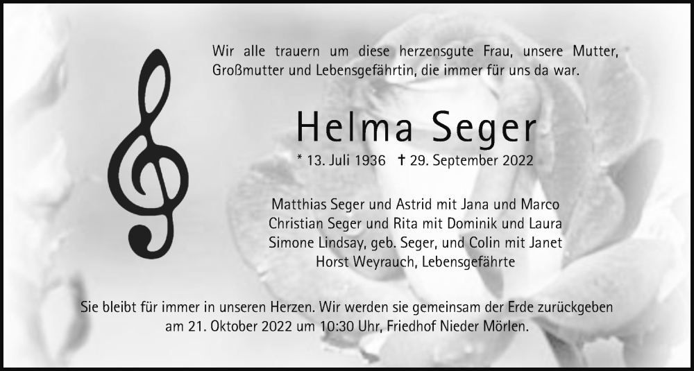  Traueranzeige für Helma Seger vom 15.10.2022 aus Wetterauer Zeitung
