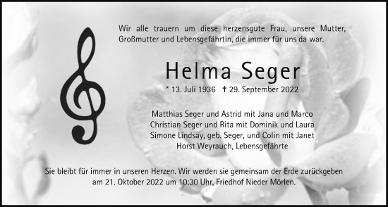 Traueranzeige von Helma Seger von Wetterauer Zeitung