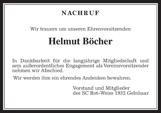 Traueranzeige von Helmut Böcher von Kreis-Anzeiger