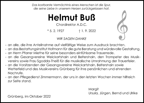 Traueranzeige von Helmut Buß von Giessener Anzeiger, Giessener Allgemeine, Alsfelder Allgemeine