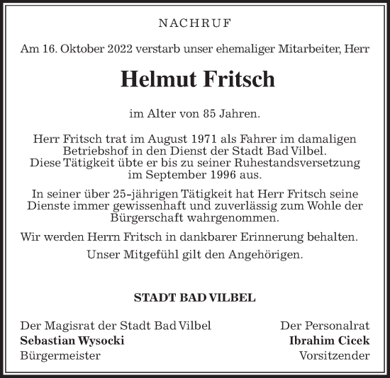 Traueranzeige von Helmut Fritsch von Bad Vilbel/Karben