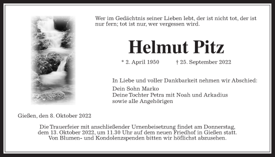 Traueranzeige von Helmut Pitz von Giessener Anzeiger, Giessener Allgemeine, Alsfelder Allgemeine
