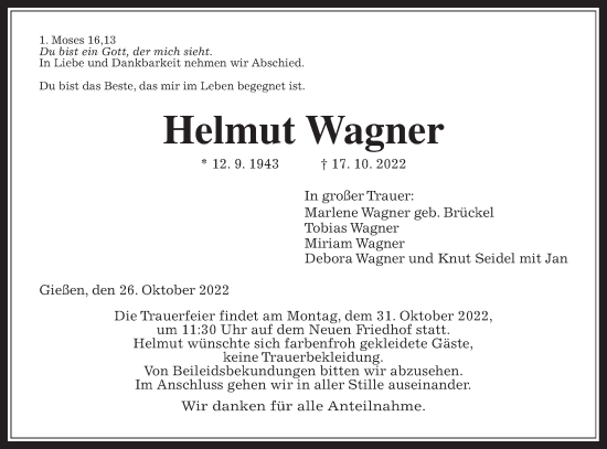 Traueranzeige von Helmut Wagner von Giessener Allgemeine, Alsfelder Allgemeine, Giessener Anzeiger