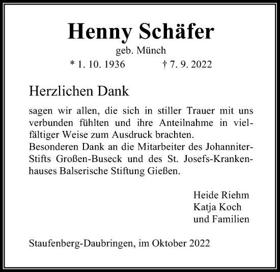 Traueranzeige von Henny Schäfer von Giessener Allgemeine, Alsfelder Allgemeine