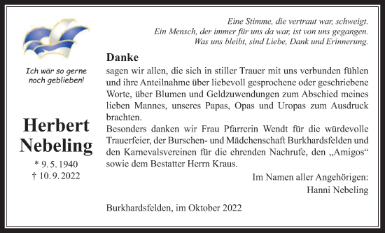 Traueranzeige von Herbert Nebeling von Giessener Allgemeine, Alsfelder Allgemeine