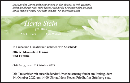 Traueranzeige von Herta Stein von Giessener Anzeiger, Giessener Allgemeine, Alsfelder Allgemeine