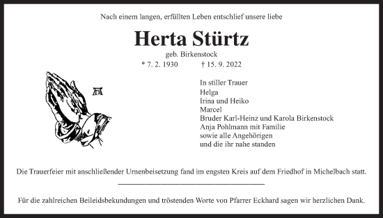 Traueranzeige von Herta Stürtz von Kreis-Anzeiger