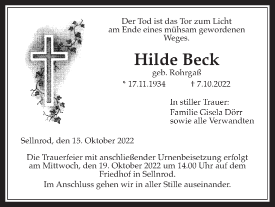 Traueranzeige von Hilde Beck von Alsfelder Allgemeine