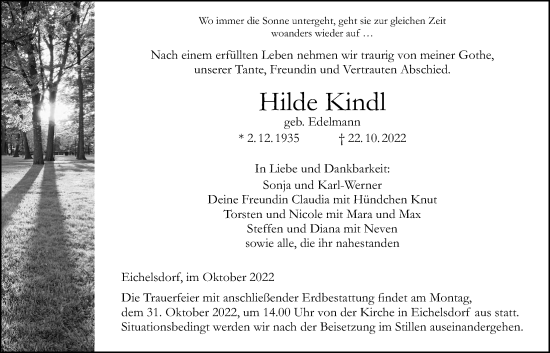 Traueranzeige von Hilde Kindl von Kreis-Anzeiger