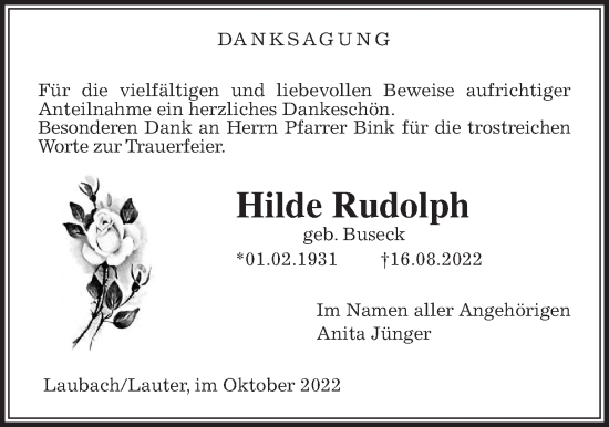 Traueranzeige von Hilde Rudolph von Laubacher Anzeiger