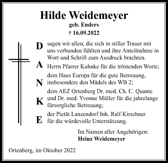 Traueranzeige von Hilde Weidemeier von Kreis-Anzeiger