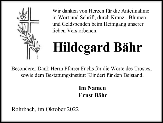 Traueranzeige von Hildegard Bähr von Kreis-Anzeiger
