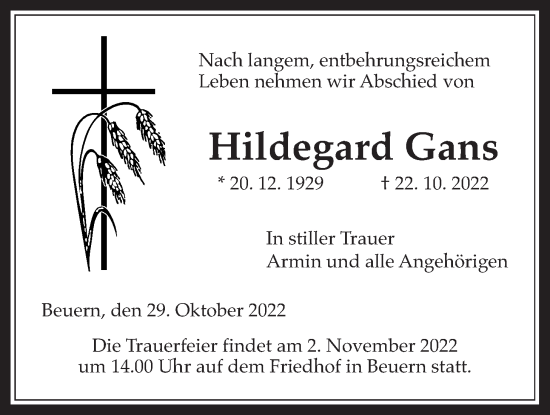 Traueranzeige von Hildegard Gans von Giessener Anzeiger