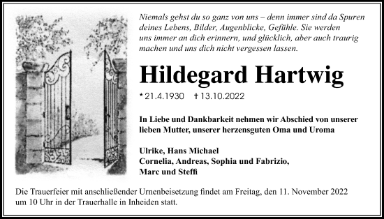 Traueranzeige von Hildegard Hartwig von Licher Wochenblatt
