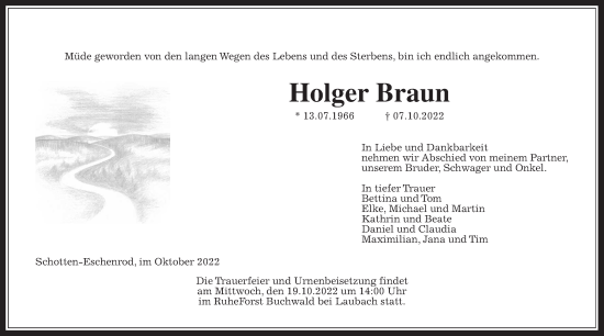 Traueranzeige von Holger Braun von Wetterauer Zeitung
