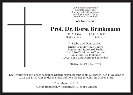 Traueranzeige von Horst Brinkmann von Giessener Allgemeine, Alsfelder Allgemeine, Giessener Anzeiger