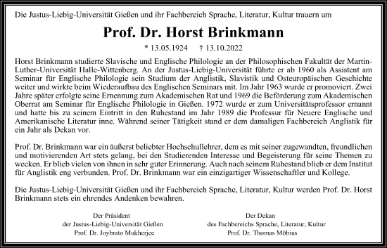 Traueranzeige von Horst Brinkmann von Giessener Allgemeine, Alsfelder Allgemeine, Giessener Anzeiger