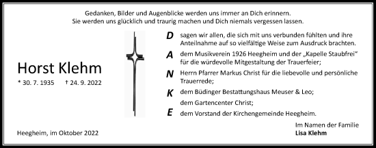 Traueranzeige von Horst Klehm von Kreis-Anzeiger