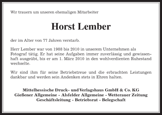 Traueranzeige von Horst Lember von Giessener Allgemeine, Alsfelder Allgemeine