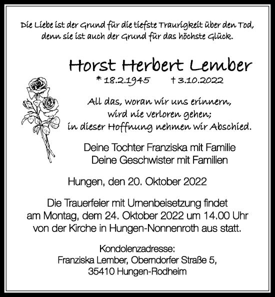 Traueranzeige von Horst Herbert Lember von Licher Wochenblatt
