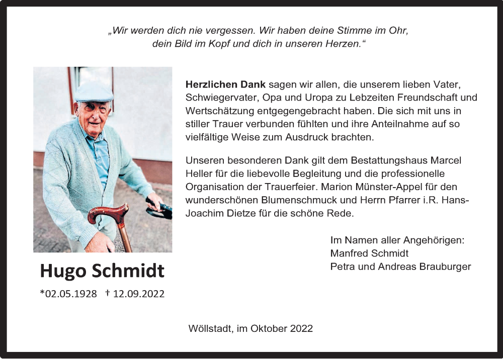  Traueranzeige für Hugo Schmidt vom 15.10.2022 aus Wetterauer Zeitung