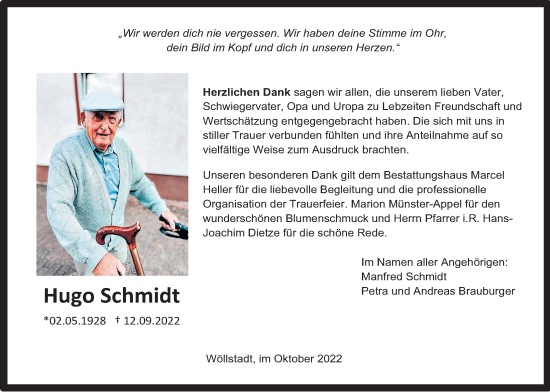 Traueranzeige von Hugo Schmidt von Wetterauer Zeitung