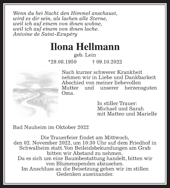 Traueranzeige von Ilona Hellmann von Wetterauer Zeitung