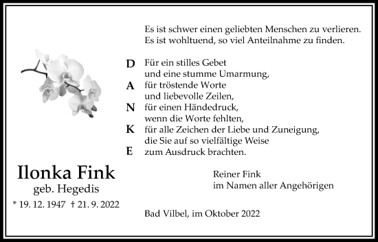 Traueranzeige von Ilonka Fink von Bad Vilbel/Karben