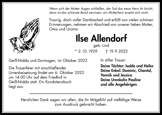Traueranzeige von Ilse Allendorf von Kreis-Anzeiger