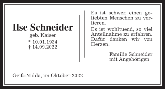 Traueranzeige von Ilse Schneider von Kreis-Anzeiger