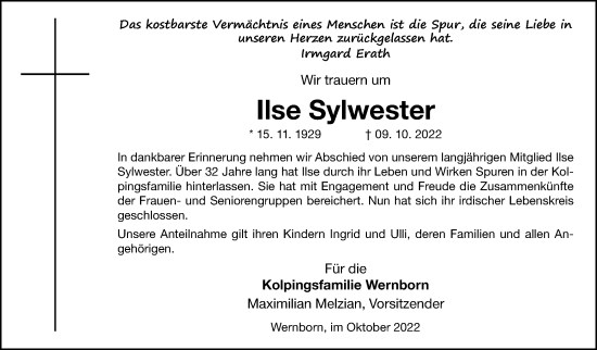Traueranzeige von Ilse Sylwester von Usinger Anzeiger