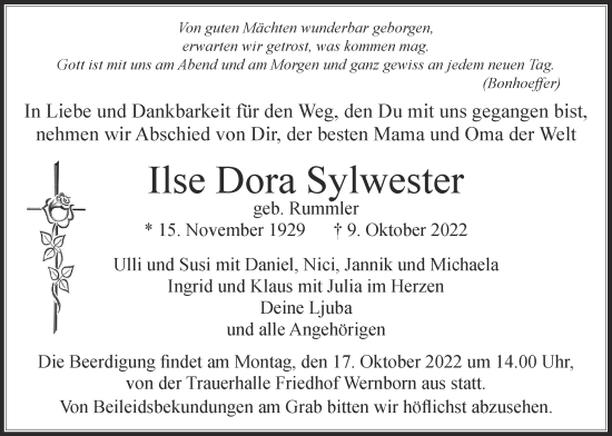 Traueranzeige von Ilse Dora Sylwester von Usinger Anzeiger
