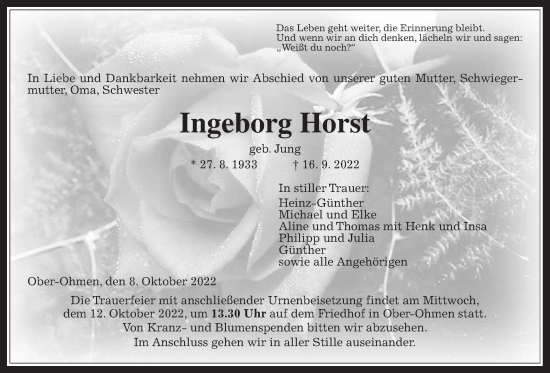 Traueranzeige von Ingeborg Horst von Alsfelder Allgemeine