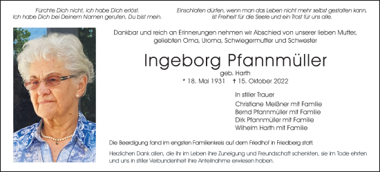 Traueranzeige von Ingeborg Pfannmüller von Wetterauer Zeitung