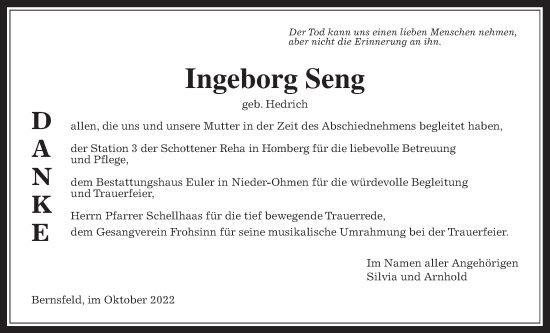Traueranzeige von Ingeborg Seng von Alsfelder Allgemeine