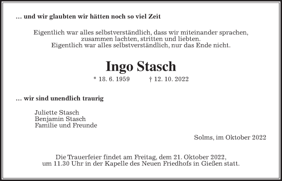 Traueranzeige von Ingo Stasch von Giessener Allgemeine, Alsfelder Allgemeine, Giessener Anzeiger