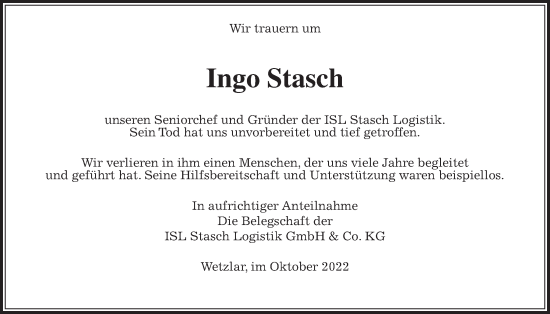 Traueranzeige von Ingo Stasch von Giessener Allgemeine, Alsfelder Allgemeine, Giessener Anzeiger