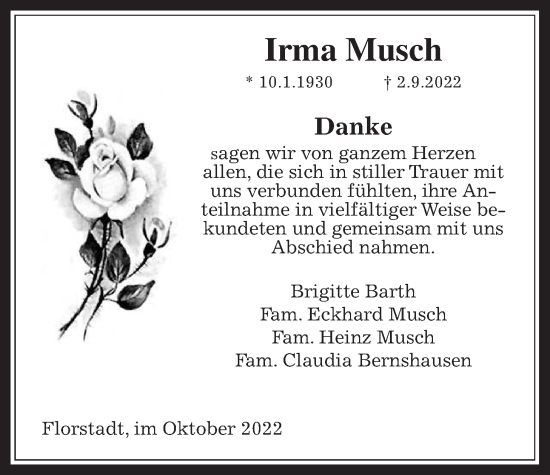 Traueranzeige von Irma Musch von Wetterauer Zeitung