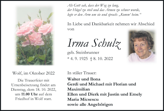 Traueranzeige von Irma Schulz von Kreis-Anzeiger